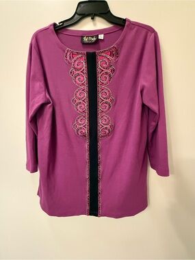 Bob Mackie Raspberry-Purple Long Sleeve Top with Embroidered Front Panel